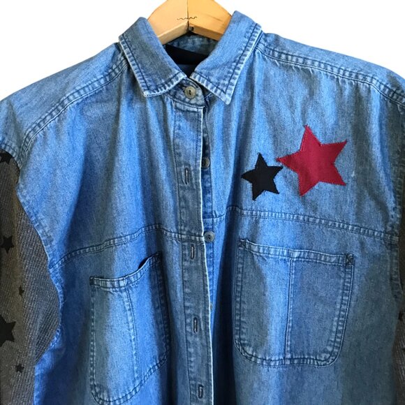 Upcycled Denim Jacket: Women's M, Rock and Roll Patches & Stars, Concert Shirt - Picture 6 of 11